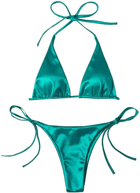 Metallic Halter Top Two-Piece Bikini Beachwear Set
