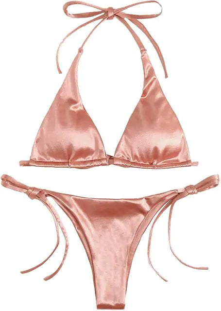 Metallic Halter Top Two-Piece Bikini Beachwear Set