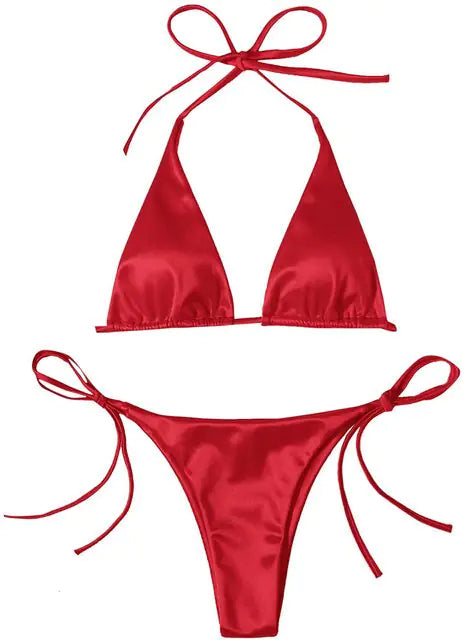 Metallic Halter Top Two-Piece Bikini Beachwear Set