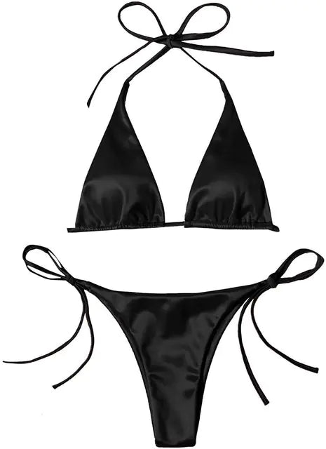 Metallic Halter Top Two-Piece Bikini Beachwear Set