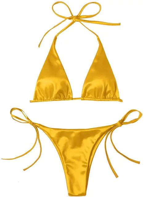 Metallic Halter Top Two-Piece Bikini Beachwear Set