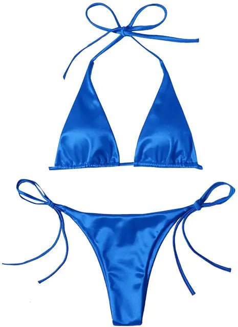 Metallic Halter Top Two-Piece Bikini Beachwear Set