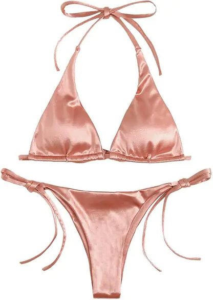 Metallic Halter Top Two-Piece Bikini Beachwear Set