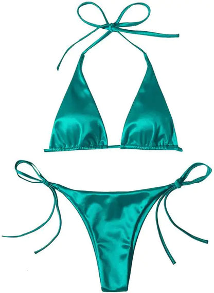 Metallic Halter Top Two-Piece Bikini Beachwear Set