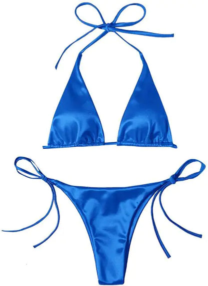 Metallic Halter Top Two-Piece Bikini Beachwear Set